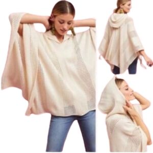 Light Cream Hooded Knit Poncho Sweater